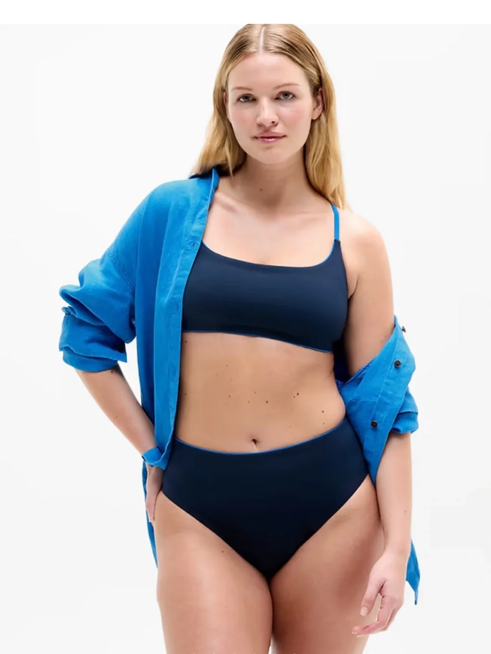 Athleta High Waist Cheeky Tipped Swim Bottom in Color Eclipse/Breaker, Size L